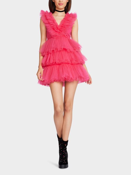 BETSEYS TIERED TULLE DRESS HOT PINK | RE:LUV