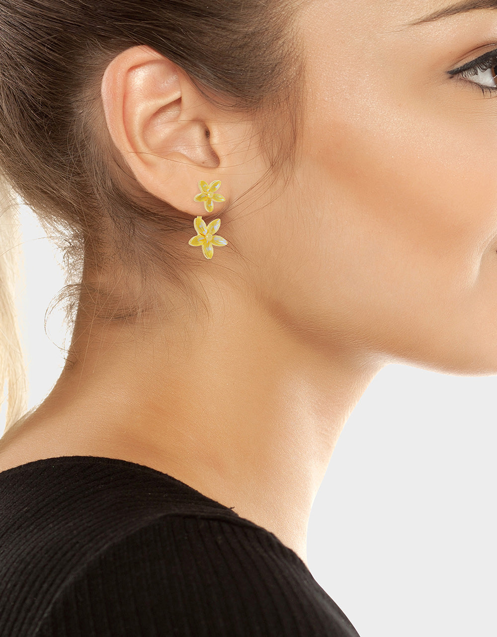 GARDEN GLAM DOUBLE FLOWER BARBELL EARRINGS YELLOW - Image 4