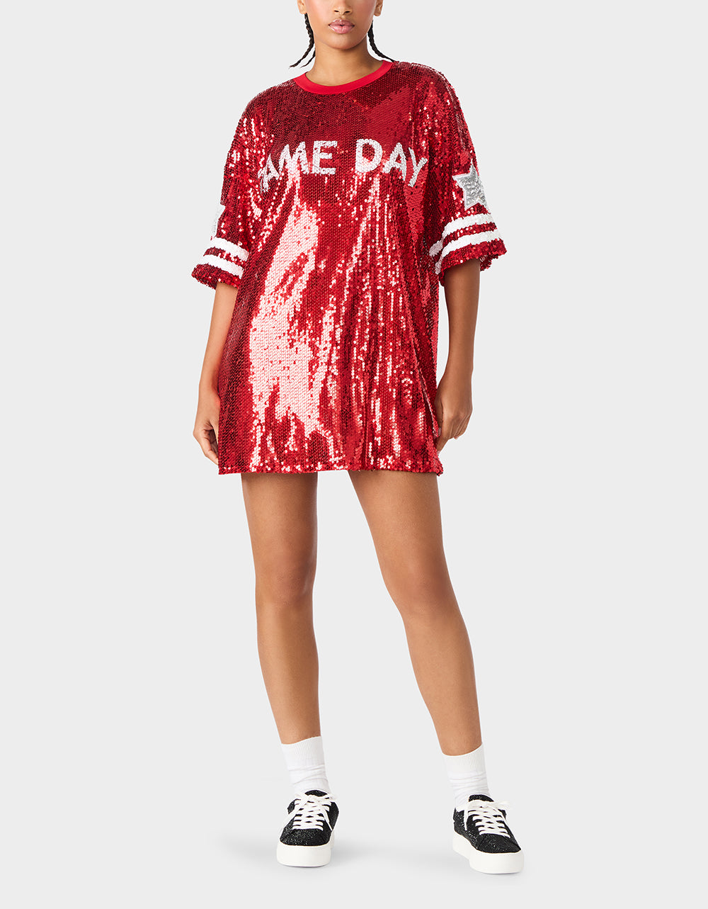 GAME DAY JERSEY SEQUIN DRESS RED